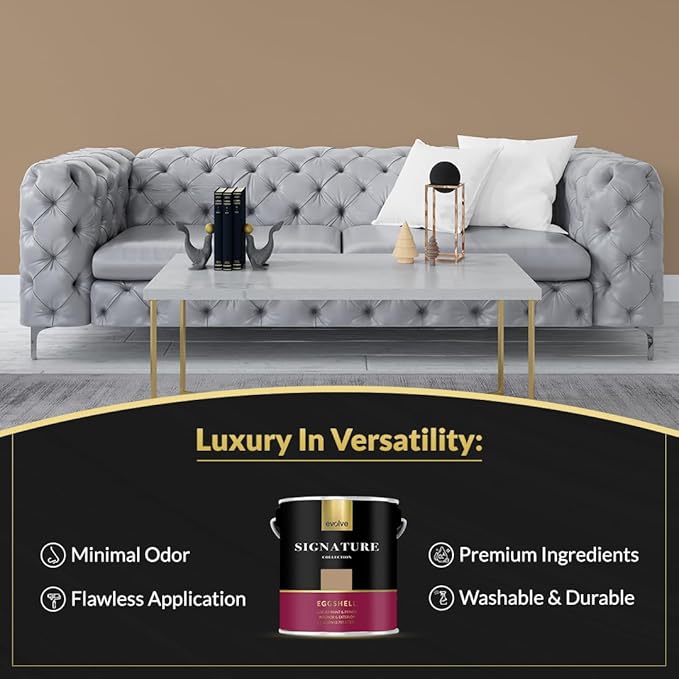 EVOLVE Signature Paint & Primer: Luxury Paint & Primer for Indoor & Outdoor Surfaces, Minimal Odor, Eggshell Sheen (Café Latte Brown, 1 Gallon)