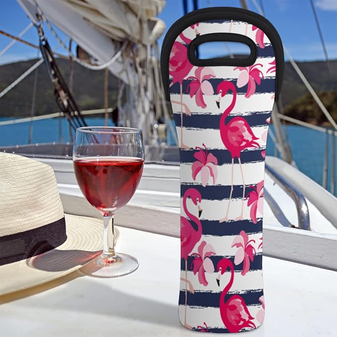 Flamingo Stripe Single Bottle Wine Gift Tote Carrier Neoprene Wine Tote Bags Holder Cooler Wine Lover Gift