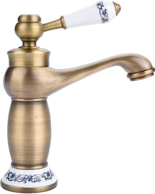 Elegant Bathroom Sink Faucet Single Hole,Cold and Hot Water Basin Sink… (Gold Blue and White Porcelain)