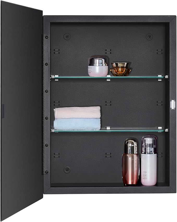 Black Bathroom Medicine Cabinet with Beveled Edge Mirrored Door 16 x 22 inch, Recessed or Surface Mount, with Adjustable Glass Shelves