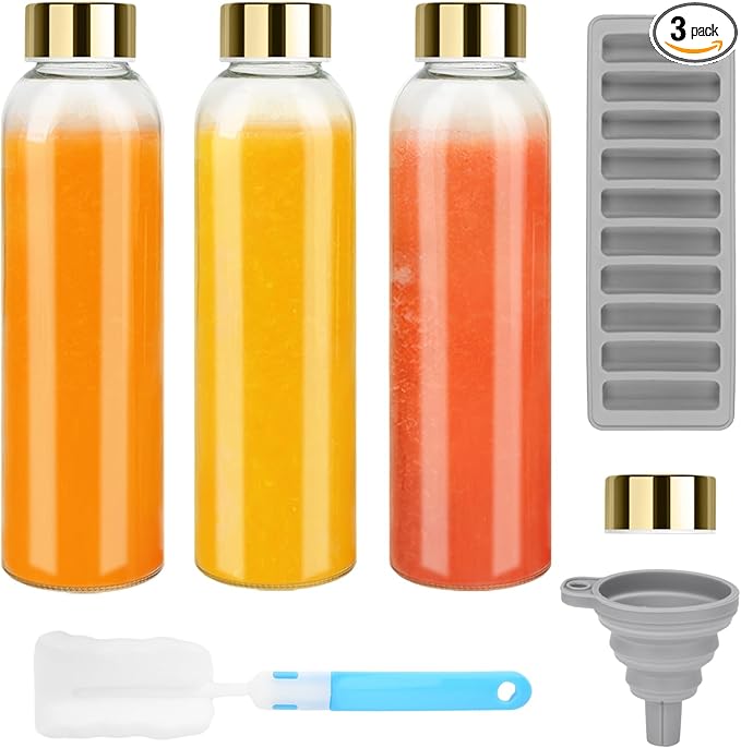 Glass Juice Bottles with Lids for Juicing 18 oz, Reusable Clear Glass Water Bottles with Stainless Steel Airtight Cap for Refrigerator, 100% Leak Proof, BPA Free, Set of 3, Gold