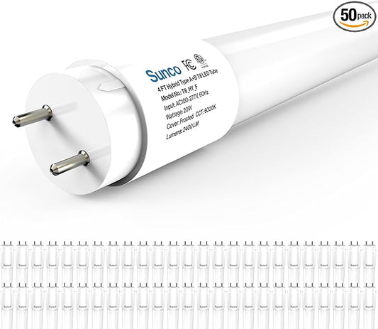 Sunco 50 Pack T8 LED Bulbs 4 Foot, 48 Inch Tube Light Bulbs Fluorescent Replacement, Single or Double Ended Hybrid Type A+B, 2400 LM, 20W, 6000K Daylight Deluxe, Frosted Lens ETL.