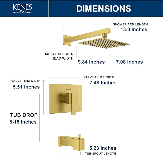 KENES Brushed Gold Tub and Shower Trim Kit, Modern Shower Faucet Set with Single-Spray Gold Shower Head, Square Shower Faucet, KE-6024A-4 (Shower Valve Included)
