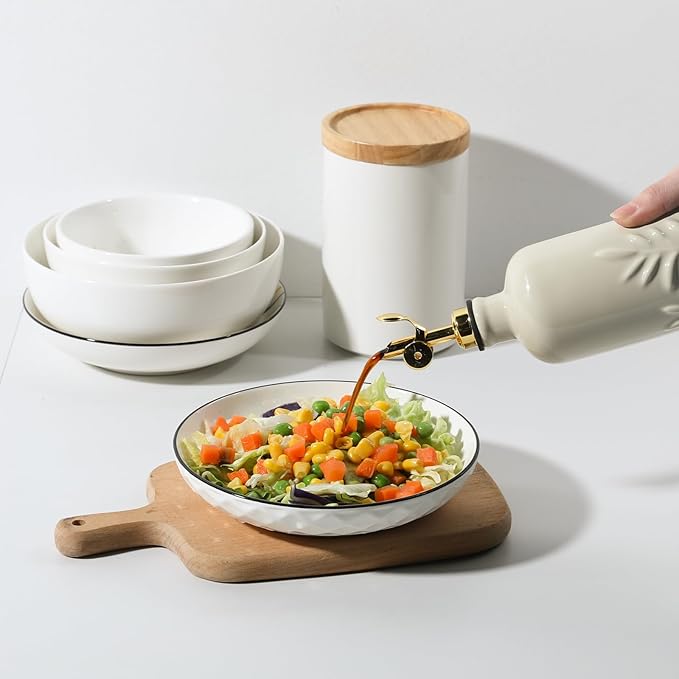 Sweejar 18 Oz Oil Dispenser for Kitchen with Gravity Spout, Ceramic Olive Oil Dispenser Bottle, Relief Opaque Vinegar Container for Evoo, Vinegar, Soy Sauce, Pack of 1(Beige, Gold Spout)