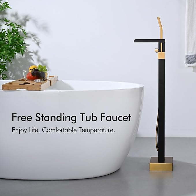 BAGNOLUX Solid Brass Floor Mount Bathtub Faucet Free Standing Tub Faucet Freestanding Tub Filler Black Gold High Flow Rate Swivel Spout with Hand Shower, ‎YGSLT-Waterfall Black+Gold