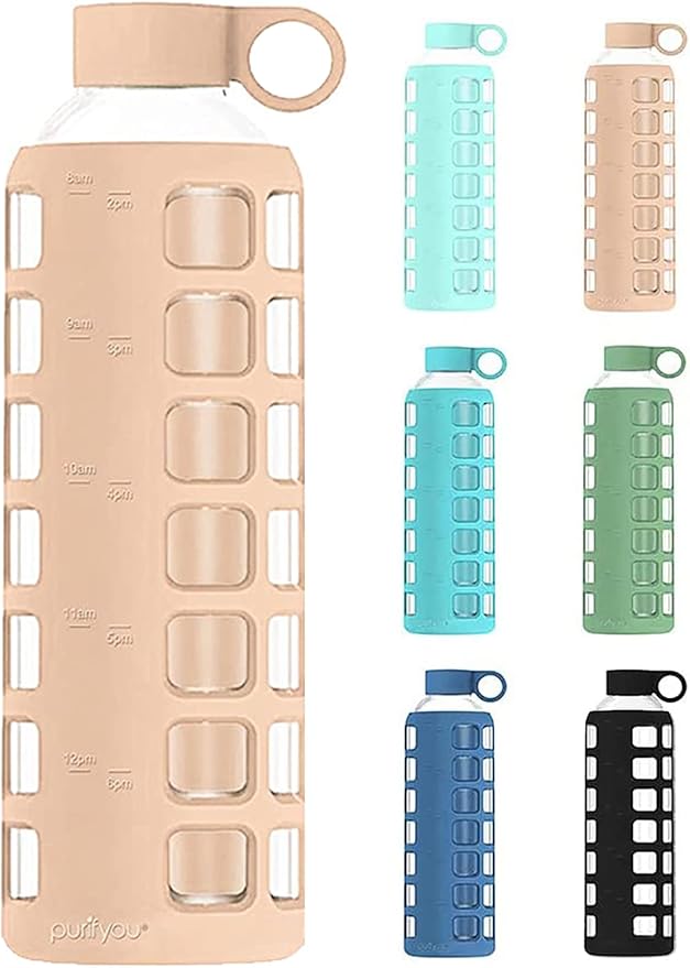 purifyou Premium 40/32 / 22/12 oz Glass Water Bottles with Volume & Times to Drink, Silicone Sleeve & Stainless Steel Lid Insert, Reusable Bottle for Fridge Water, Milk, Juice (32oz Hazelnut)