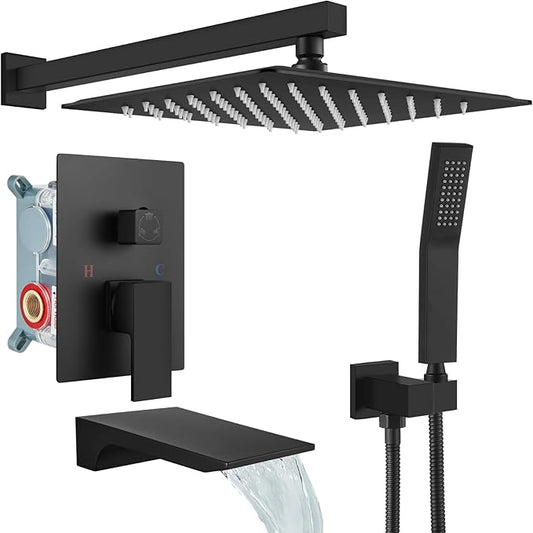 gotonovo Shower System with Tub Spout,Waterfall Tub Shower Faucet Set for Bathroom Head and Handle Set Wall Mounted 3 Function Rough-in Valve and Trim Included 12 inch Shower Head Matte Black