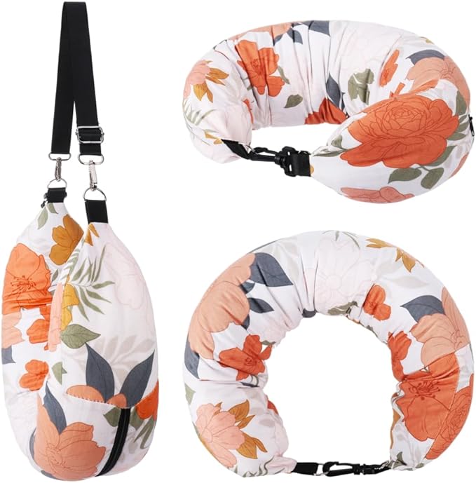 Stuffable Travel Pillow, Stuffable Neck Pillow for Travel, Portable Self-Fillable Design Travel Pillow, U-Shaped Pillow with Snap Strap and Storage Bag (Pillow Cover Only, No Filler)