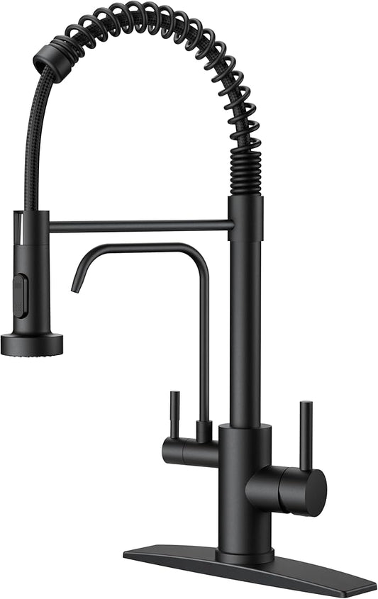 FORIOUS Black Kitchen Faucet with Purfied Water Filter, 2 in 1 Commercial Stainless Steel Pull Down Sink Faucet and Drinking Water Faucet 2 Handle for Pot Filler Kitchen Sink Farmhouse Bar