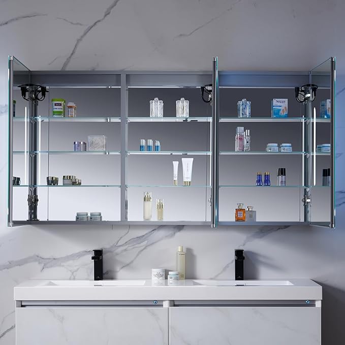 Blossom 60-Inch LED Lighted Mirror Medicine Cabinet | Recessed or Surface Mount Bathroom Cabinet | One Touch Built-in Defogger | Dimmer | Makeup Mirror | 3 Adjustable Glass Shelves