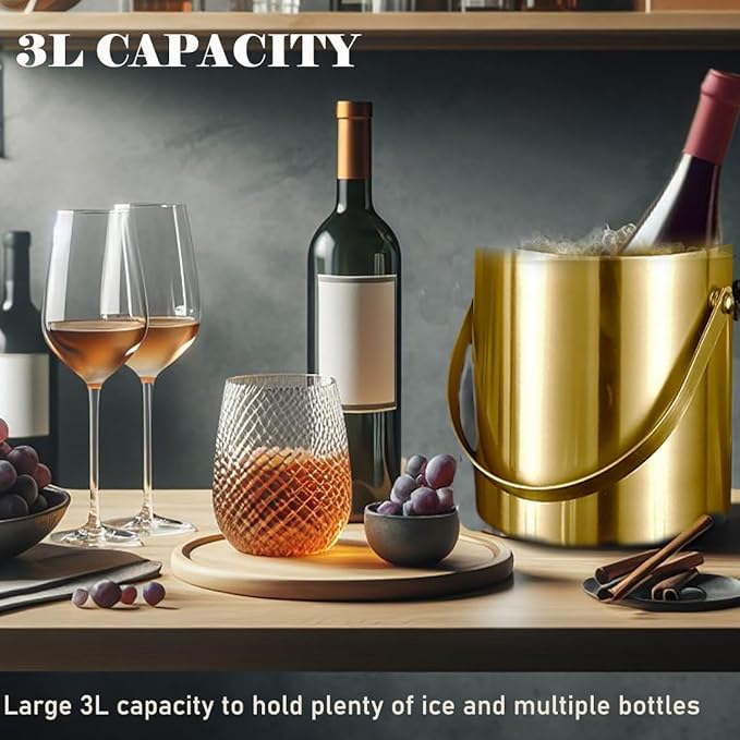 Gold Ice Bucket with Lid, Handle and Tong Insulated Stainless Steel Champagne Bucket 3L Wine Bucket for Party Bar Cart Accessories Large Double Wall Bucket Keep Frozen
