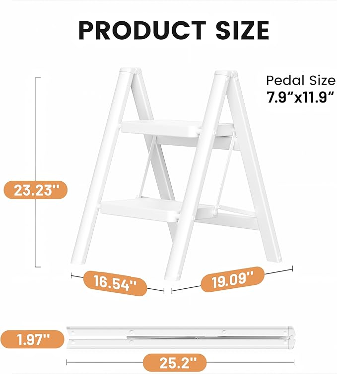 Step Stool, 2 Step Ladder with Anti-Slip and Wide Pedal, Portable Iron Foldable Stepladder for Home and Kitchen, 300lbs - White