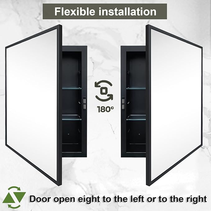 Recessed Medicine Cabinets with Mirror, Black Bathroom Mirror with Storage, Rectangle Medicine Cabinet Vanity Mirrors, Farmhouse Metal Framed Wall Mirror Recessed or Surface Mount, 24x30 Inch