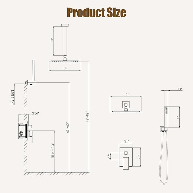 ESNBIA Gold Shower Head System, All Metal 12 Inches Ceiling Shower Faucet Set with Valve, Rain Shower Head with Handheld Spray Combo, Brushed Gold