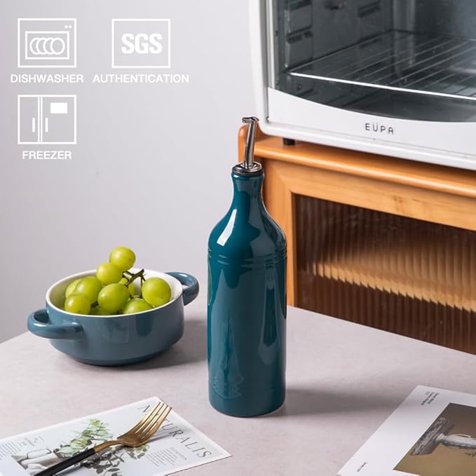 Sweejar Large Ceramic Olive Oil Dispenser Bottle, Opaque Oil Cruet Protects Oil to Reduce Oxidation, Suitable for Storage Oil, Vinegar, Soy Sauce & Other Liquids, Pack of 1, 24 Fl Oz (Teal Green)