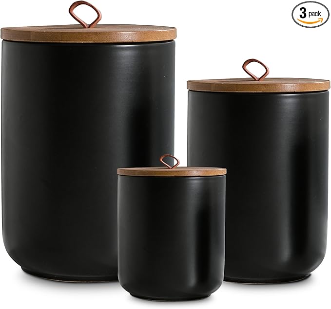 Black Ceramic Canister Set with Wooden Lid, 3-Piece Food Storage Jars for Kitchen Counter, Storage Container for Coffee, Tea, Spice, Sugar, Grains, Salt