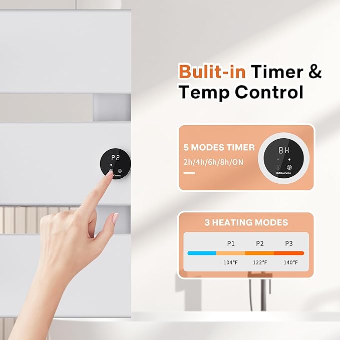 K&KALONZO Electric Towel Warmer, 18.35" W x 22.8" H Wall-Mounted Towel Heater with Built-in Timer, Waterproof Aluminum Towel Warmer for Bathroom, Support Plug-in and Hardwired, White, K3-R-W