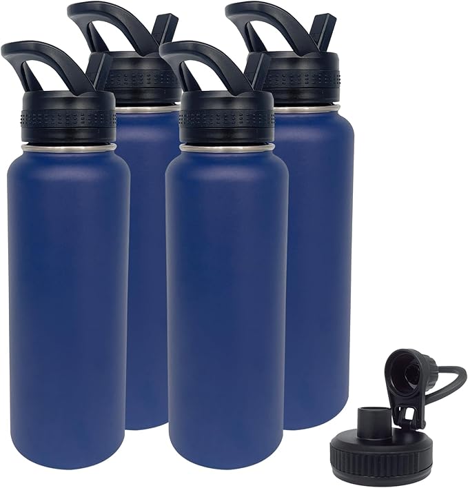 4pack 40 oz Insulated Water Bottle With Straw, Stainless Steel Sports Water Cup Flask with 2 Lids, Wide Mouth Travel Thermal Mug,Navy