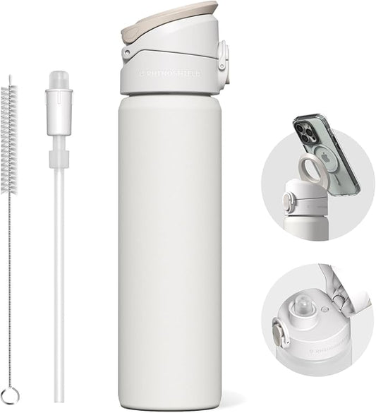 RHINOSHIELD AquaStand Magnetic Bottle 23 oz | Stainless Steel Insulated Water Bottle with Straw Lid, Sport Bottle with MagSafe Compatible Handle, Tripod with Adjustable Angles, Leak Proof - White