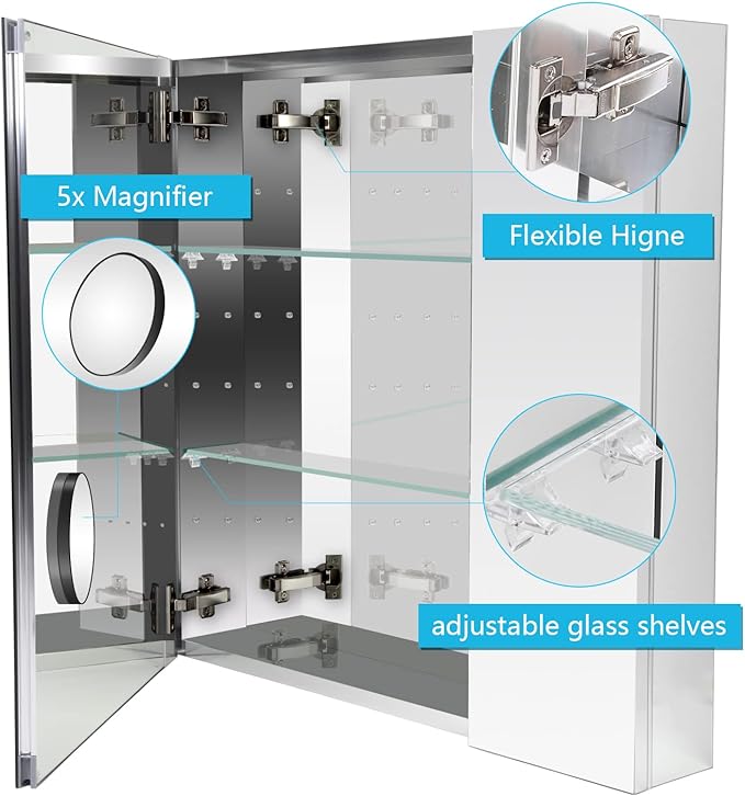 Sunrosa Aluminum Bathroom Medicine Cabinet with Mirror Door, 36"×27.5" Bathroom Mirror Cabinet,Wall-mountable and Recessed-in Mirror Cabinet, 2 Door Medicine Cabinet Organizer with Mirror