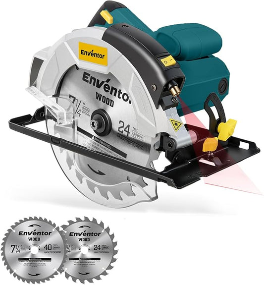 Enventor 7-1/4-Inch Circular Saw, 10A Pure Copper Motor Electric Circular Saws with Laser Guide, 2 Blade Saws (40T/24T), Adjust Cutting Angle from 0° to 90°, Single Handed Bevel, 5800RPM, Blue