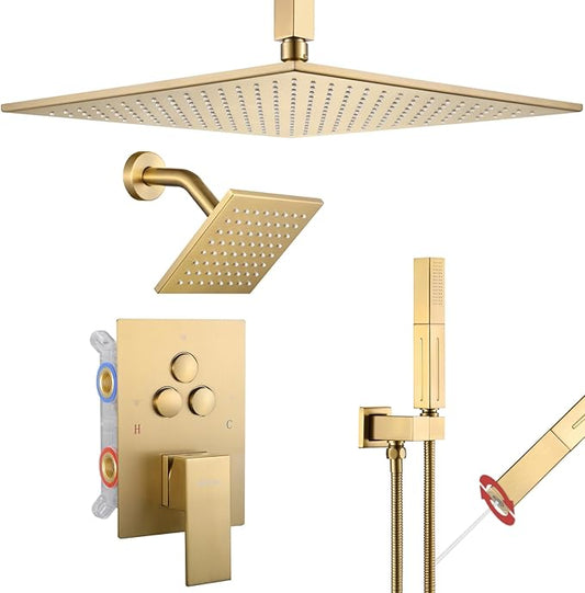VANFOXLE Shower Faucet Set Brushed Gold Shower System,Shower Faucet with 2 in 1 Handheld,Ceiling Mount 16 Inch Shower Head+6 Inch Shower Head(Rough-in Valve Body and Trim)