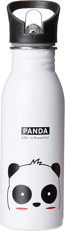 Stainless Water Bottle with Panda Design 600ml with Sport Top (White)