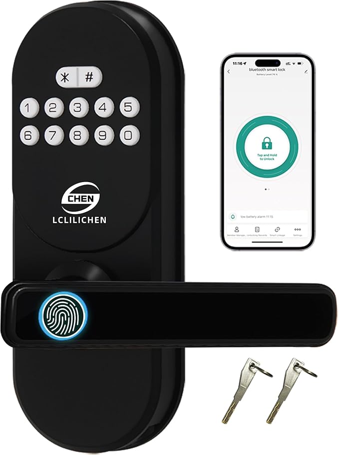 Smart Door Lock with Fingerprint and Keypad, Keyless Entry Deadbolt with Handle, APP Control and Auto Lock for Front Door, Easy Install for Home and Office, IP65 Weatherproof