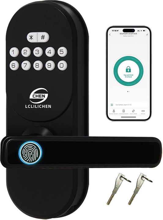Smart Door Lock with Fingerprint and Keypad, Keyless Entry Deadbolt with Handle, APP Control and Auto Lock for Front Door, Easy Install for Home and Office, IP65 Weatherproof