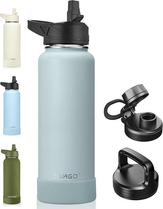 CIVAGO 40 oz Insulated Water Bottle With Straw, Stainless Steel Sports Water Cup Flask with 3 Lids (Straw, Spout and Handle Lid), Double Walled Travel Thermal Canteen Mug, Sage