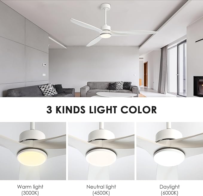 WINGBO 60 Inch DC Ceiling Fan with Lights and Remote Control, 3 Reversible Carved Wood Blades, 6-Speed Noiseless DC Motor, Modern Ceiling Fan in White Finish
