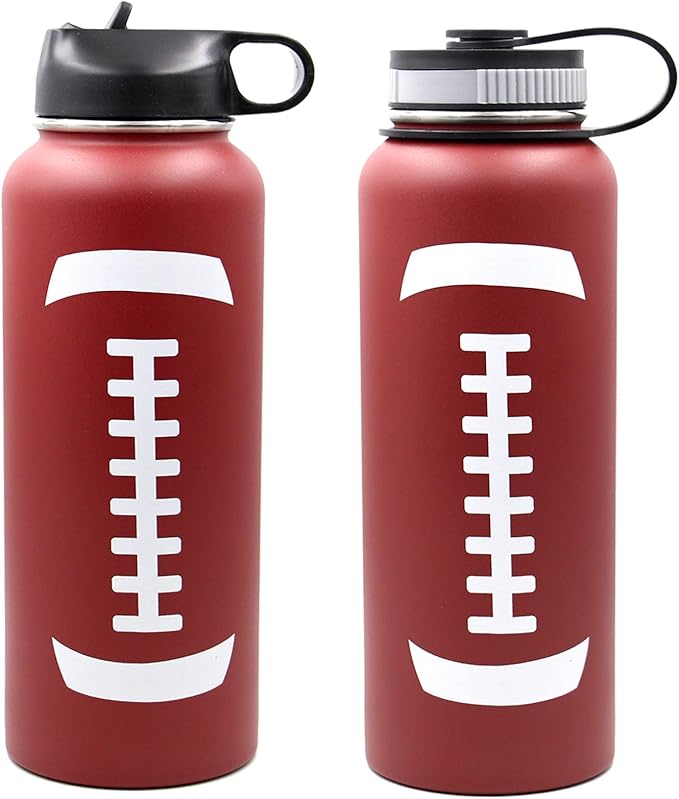 40 oz Football Water Bottle, Sports Water Bottles with 2 Lids 18/8 Stainless Steel Travel Tumbler Double Wall Vacuum Insulated Hot/Cold Standard Metal Canteen (40oz, Football)