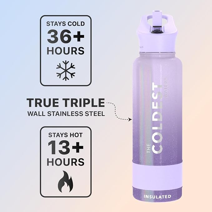 Coldest Sports Water Bottle - (Straw Lid), Leak Proof, Vacuum Insulated Stainless Steel, Hot Cold, Double Walled, Thermo Mug, Metal Canteen (40 oz, Purple Ombré Glitter)