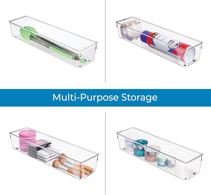 iDesign Recycled Plastic Drawer Organizer, Set of 2, The Linus Collection – 4" x 16" x 3", Clear Bins