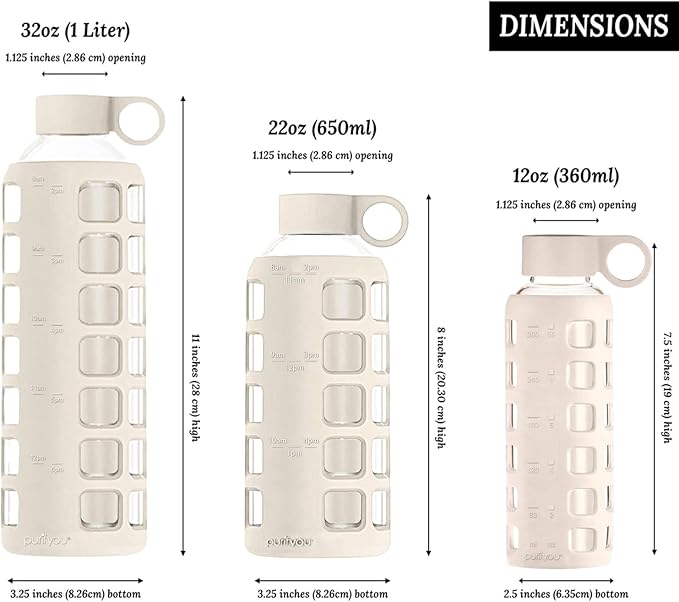 purifyou 40/32 / 22/12 oz Glass Water Bottles with Volume & Times to Drink, Extra Thick Silicone Sleeve, Reusable Bottle for Fridge Water Milk Juice (32oz Pearled Ivory)