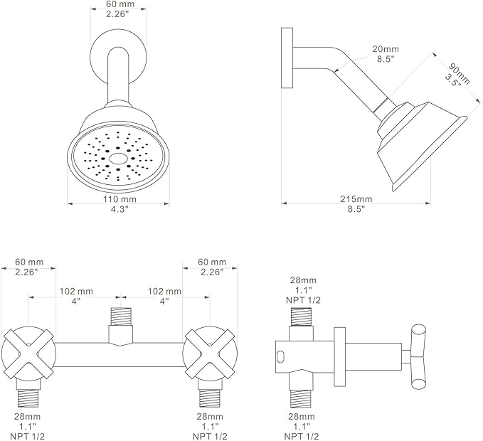2 Handle Shower Faucet,2 Knobs Tub and Shower Trim Kit with Valve,Two Handles Shower Faucet Set with 3 Modes Rainfall Shower Head,Shower Trim Kit Wall Mounted,Matte Black,1A3MK-W
