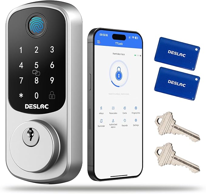 DESLOC Smart Door Lock B200, Smart Deadbolt Lock, Keyless Entry Door Lock, Fingerprint Smart Lock, Smart Locks for Front Door, App Control, Touchscreen Keypad Deadbolts,12-Month Battery, Silver