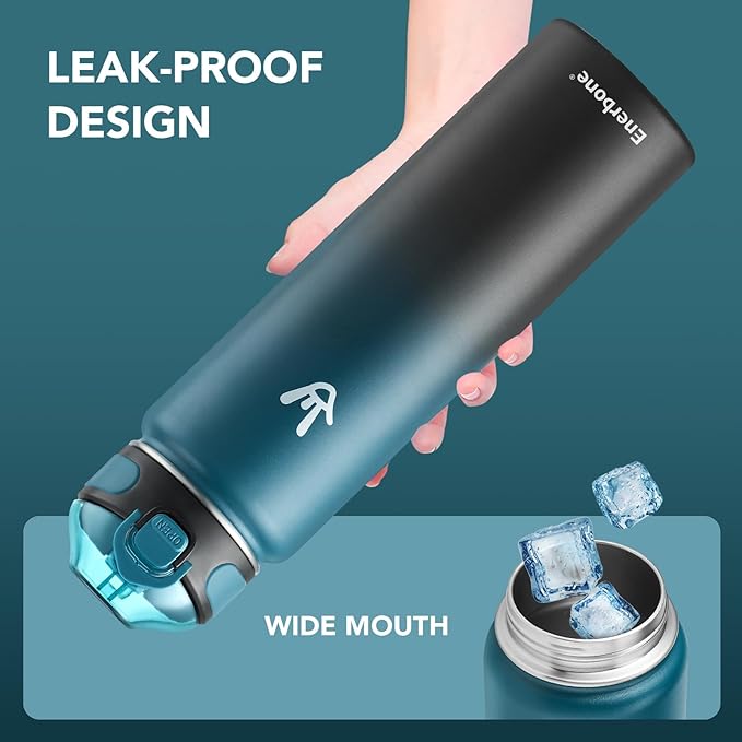 Enerbone Insulated Water Bottle, 32 oz Stainless Steel Water Bottles with Carrying Strap, Double-Wall Vacuum Insulation Thermos, Leakproof Sports Bottle with Straw, Keep Drinks Hot or Cold for Hours