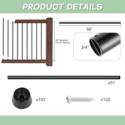51 Pack 36 Inch Aluminum Deck Balusters 3/4" Diameter Hollow Round Balusters for Deck Railing Deck Spindles with Screws for Railing Fencing Balusters Staircase Spindles with Connectors