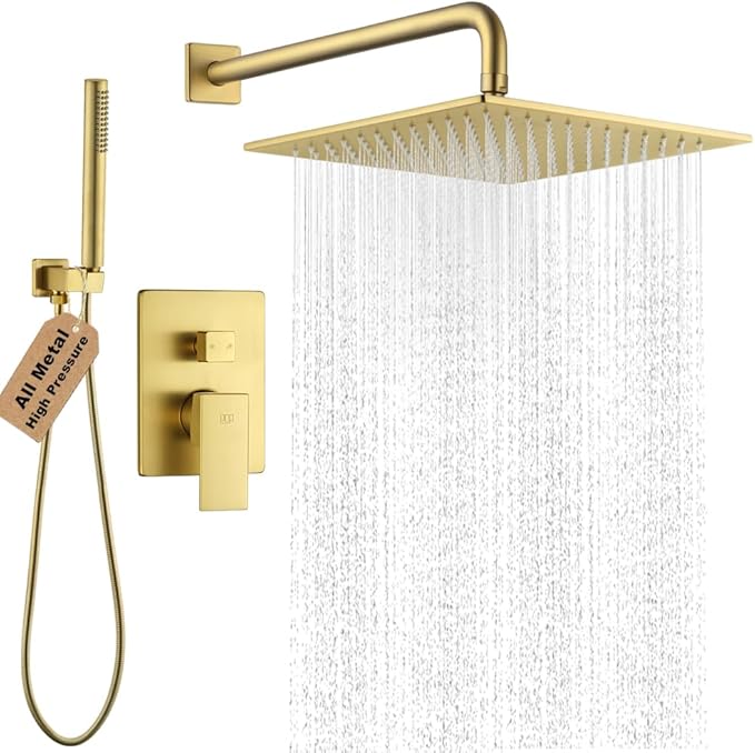 POP SANITARYWARE Shower Faucet Set Brushed Gold, 12 Inch Thickened Shower Head and Handle Set Bathroom Rain Shower System Wall Mounted Shower Fixture Include Shower Valve and Trim Kit