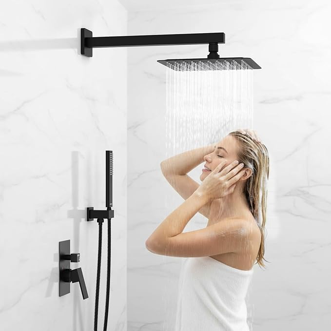 Black Shower System Sets Faucet: EMBATHER 10 Inch Overhead Rainhead Shower Combo Set with Handheld and Valve-Luxury Rain Mixer Rainfall Black Shower Faucets Sets Complete