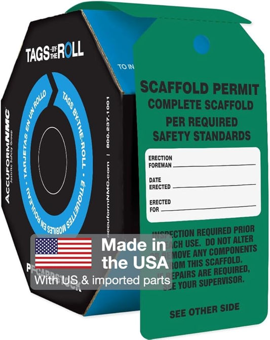 250 Scaffolding Tags by-The-Roll, Scaffold Permit - Complete Scaffold, US Made OSHA Compliant Scaffold Tags, Waterproof PF-Cardstock, Resists Tears, 6.25"x3", TAR733