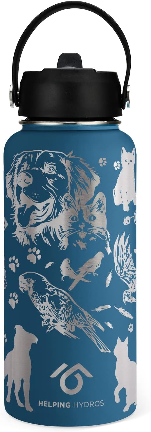 Animal Rescue Water Bottle with Straw Lid | 32 oz Engraved Stainless Steel Insulated with Strap | Best Friends, Pets, and Animals Themed