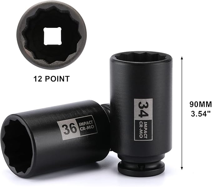 Mayouko 8PCS 1/2" Deep Axle Nut Impact Socket Set, CR-MO, 12 Point Design, Metric, 29,30,32,34,35,36,38,39mm, 1/2 Inch Extra Deep Impact Socket