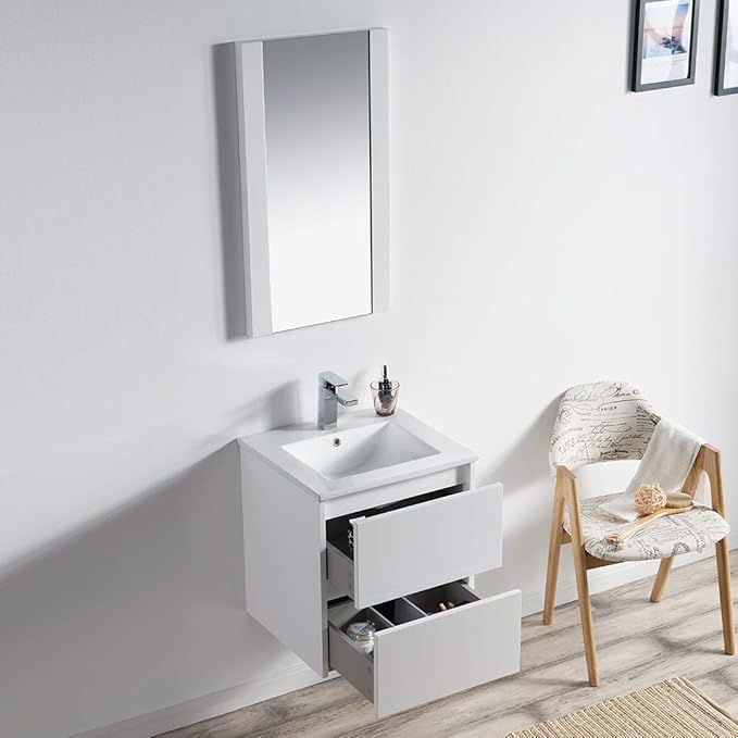 Blossom Valencia 20" Inches Single Bathroom Vanity with Ceramic Sink and Mirror, Glossy White All Wood Floating Bathroom Vanity with Sink, Mirror 016 20 01 M