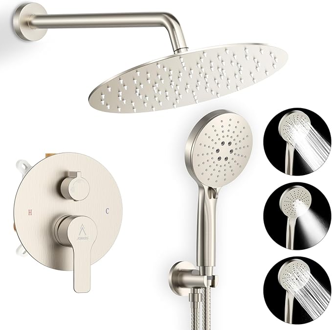 Shower Faucet Set 12IN Brass Rough-In Valve Body Trim Kit Rainfall Included Handle Accessories Complete 2 Functions with Rain Head and Handheld Bathroom Systems (12'', Brushed Nickel)