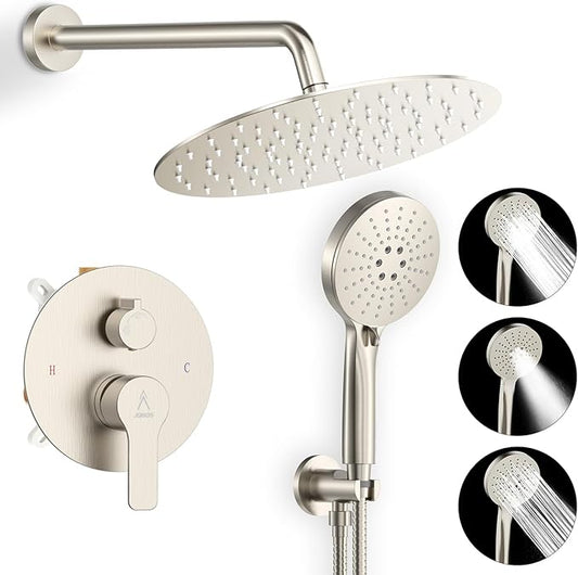 Shower Faucet Set 12IN Brass Rough-In Valve Body Trim Kit Rainfall Included Handle Accessories Complete 2 Functions with Rain Head and Handheld Bathroom Systems (12'', Brushed Nickel)