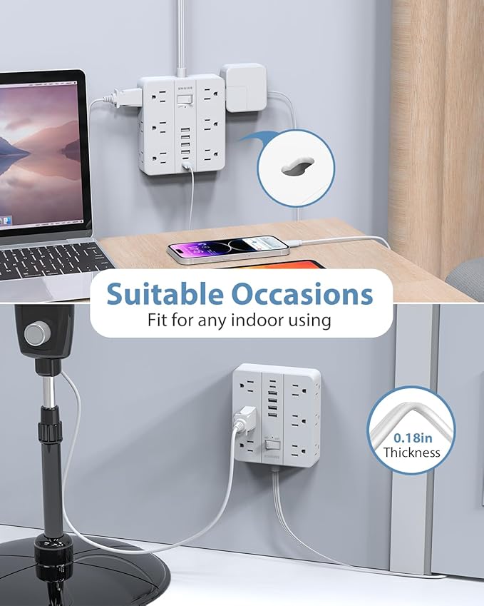 Power Strip Surge Protector 10ft Extension Cord,SMNICE Flat Plug with 12 Outlets 6 USB(2 USB C),Surge Protector Charging Station with Overload Protection for Home, Dorm,Office