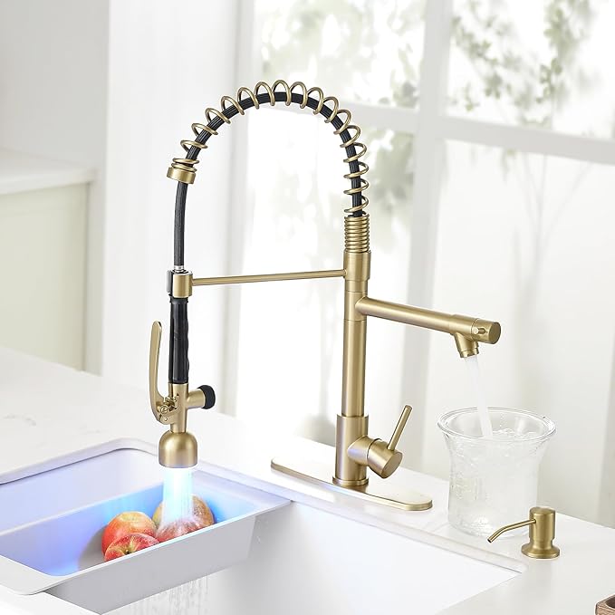Fapully Commercial Kitchen Faucets with Pull Down Sprayer Brushed Gold LED Single Handle Faucet for Kitchen Sink, Kitchen Faucet with Soap Dispenser and Deck Plack for 4 Hole