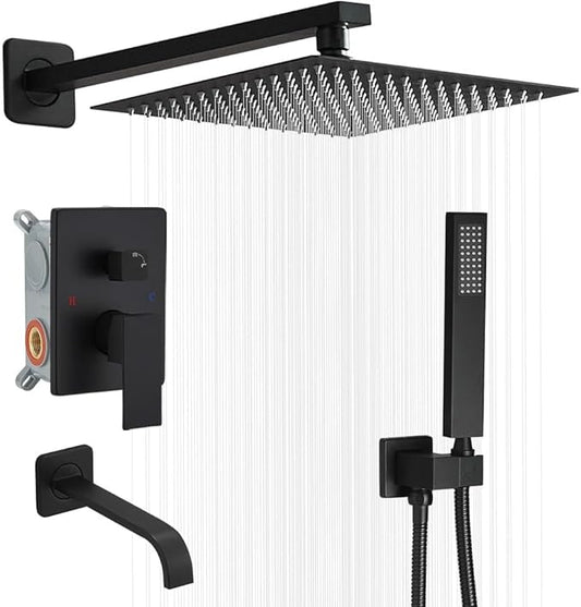 Matte Black Shower Faucet Set with Tub Spout Bathroom Rainfall 12 Inch Shower Head System with Handheld Single Handle Shower Trim Kit with Rough-in Valve